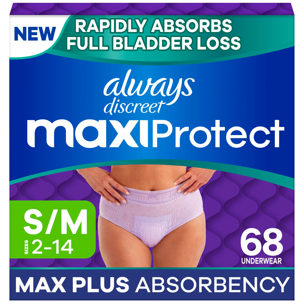 Always Discreet paquete frontal mostrando cantidad y talla, confianza discreta