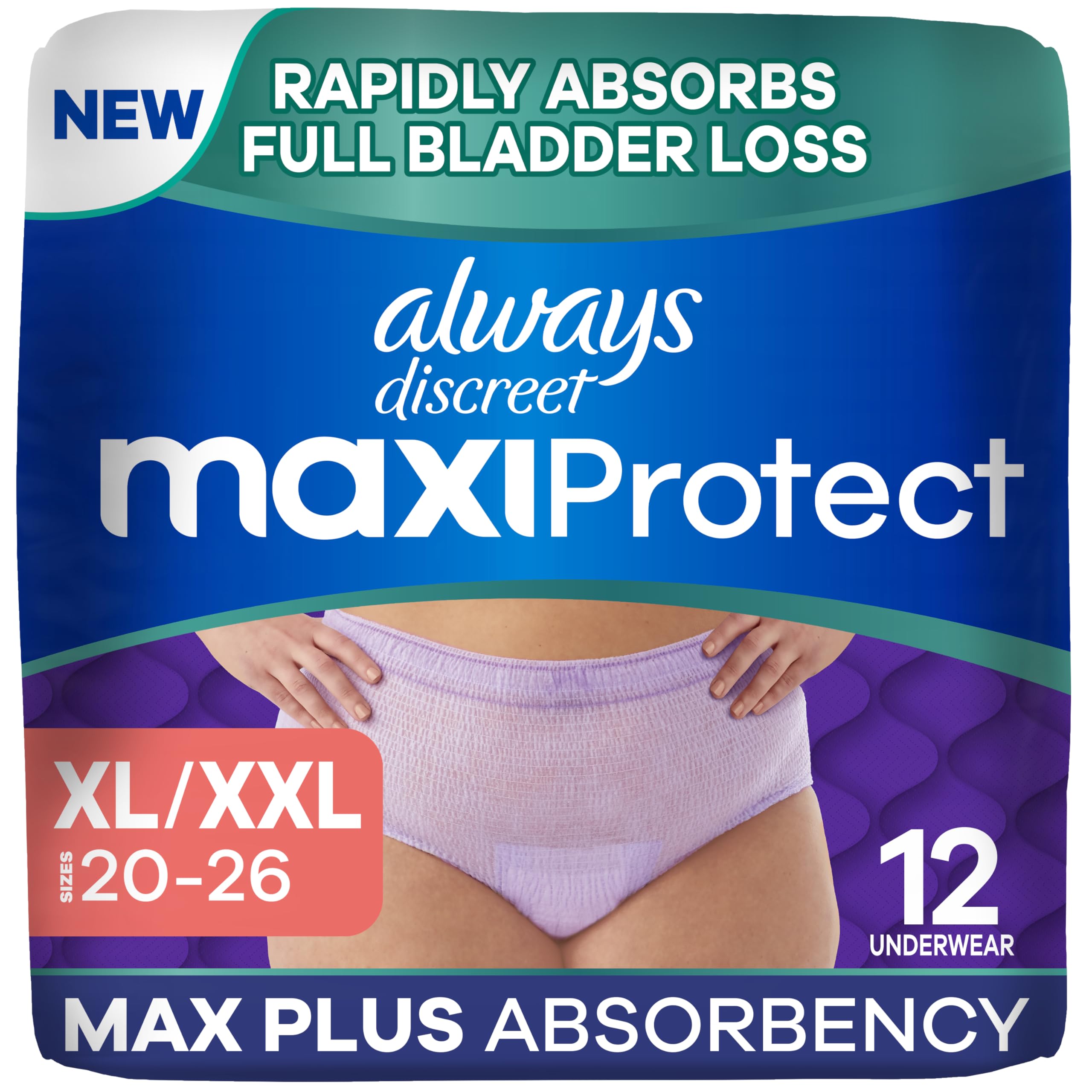 Always Discreet empaque frontal MaxiProtect XL/XXL mostrando protección máxima
