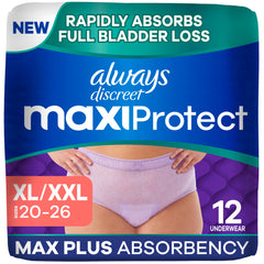 Always Discreet empaque frontal MaxiProtect XL/XXL mostrando protección máxima