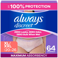 Always Discreet empaque frontal XL mostrando cantidad y discreción