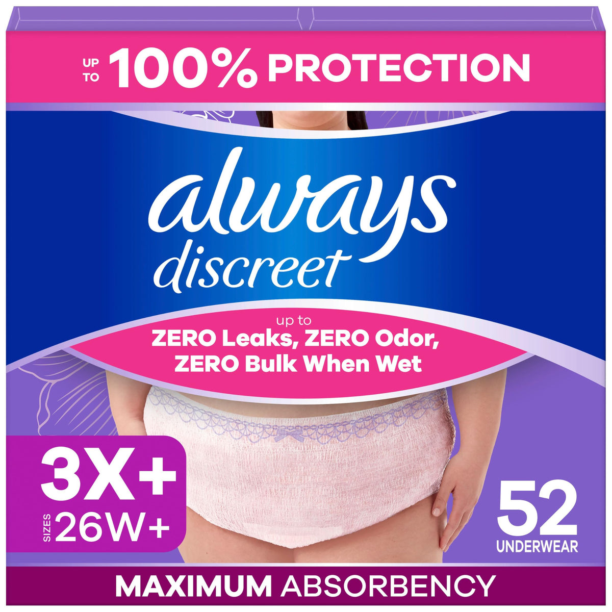 Always Discreet empaque frontal mostrando cantidad y talla, tranquilidad visible
