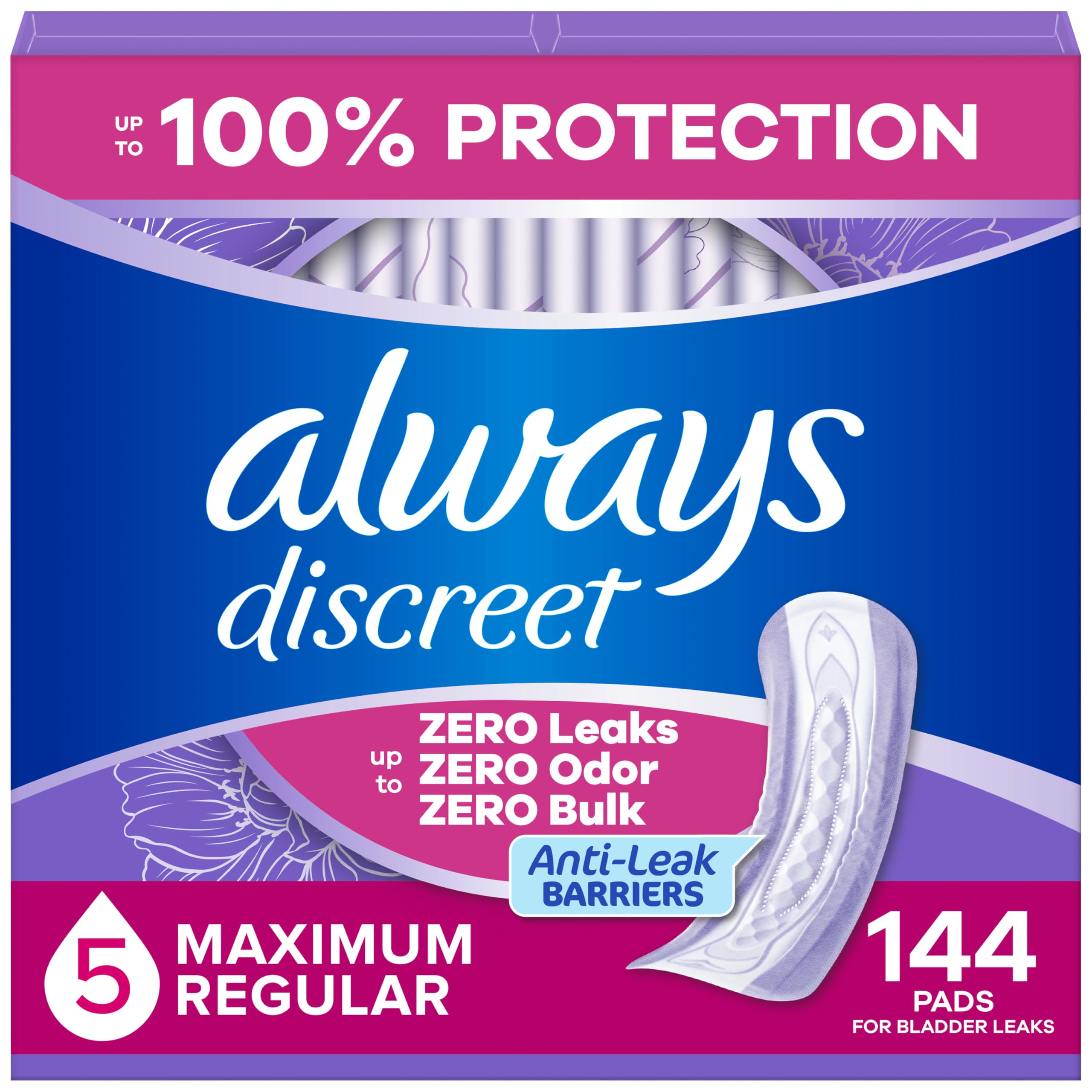 Always Discreet empaque frontal mostrando protección máxima