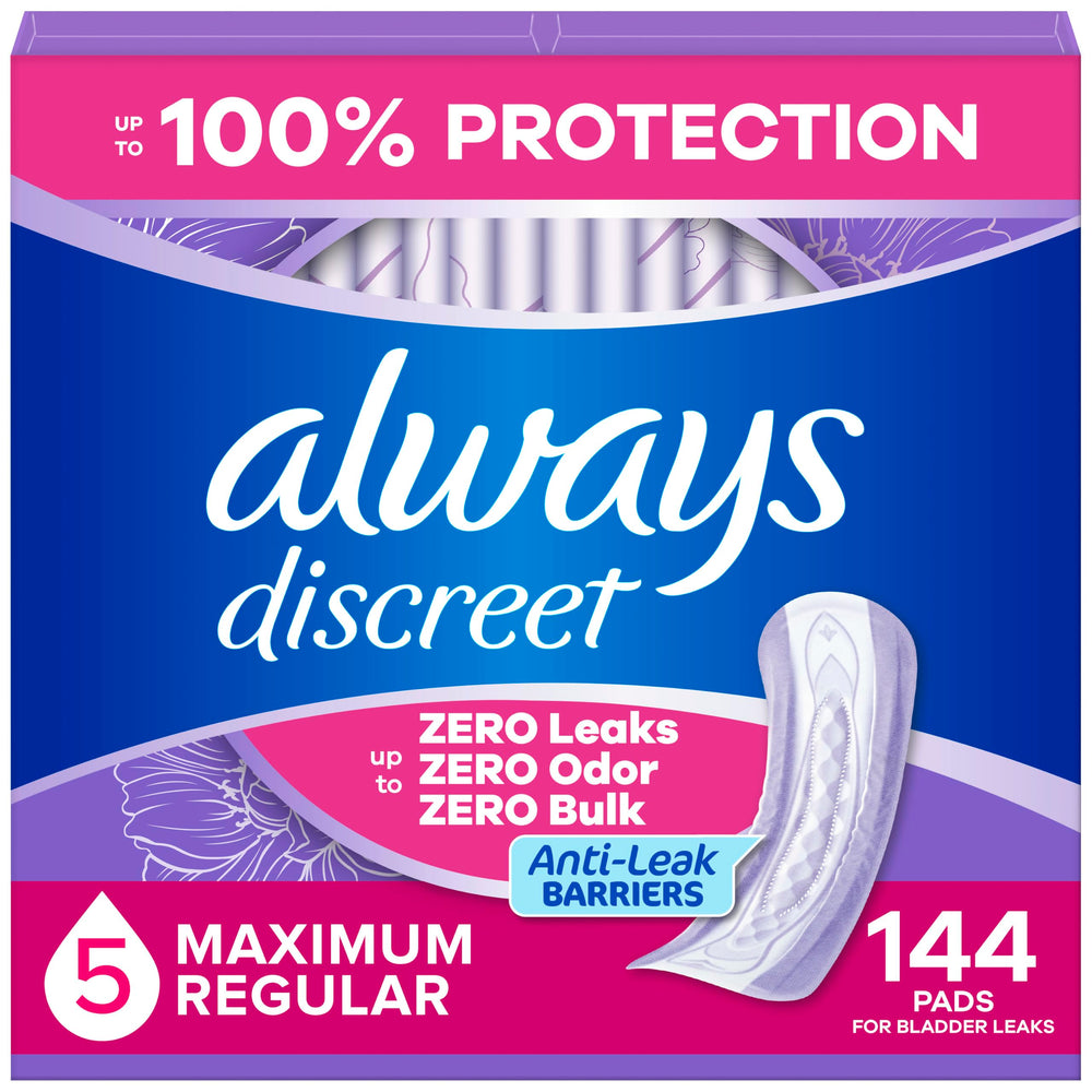 Always Discreet empaque frontal mostrando protección máxima