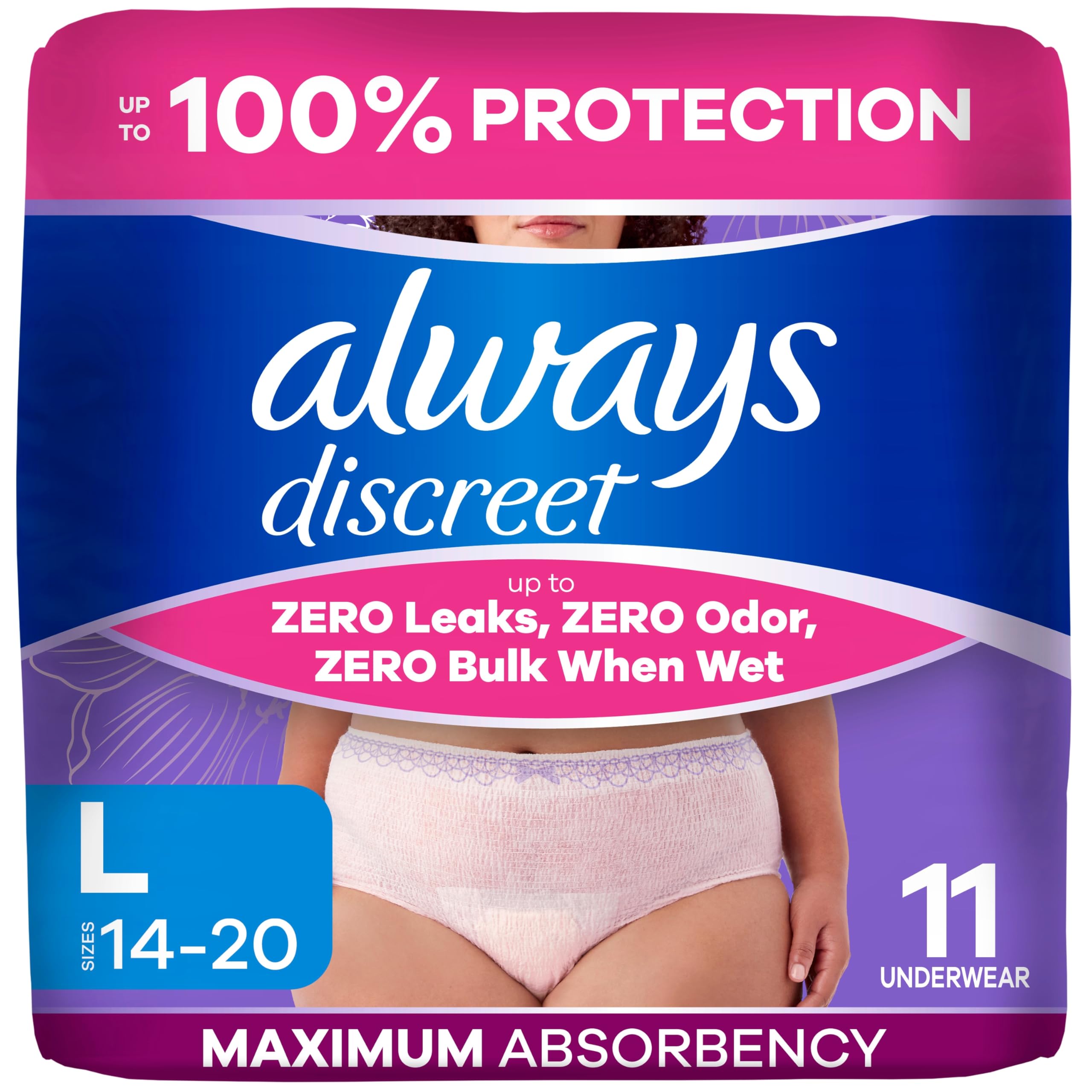 Always Discreet empaque frontal mostrando la caja y unidades, transmite confianza