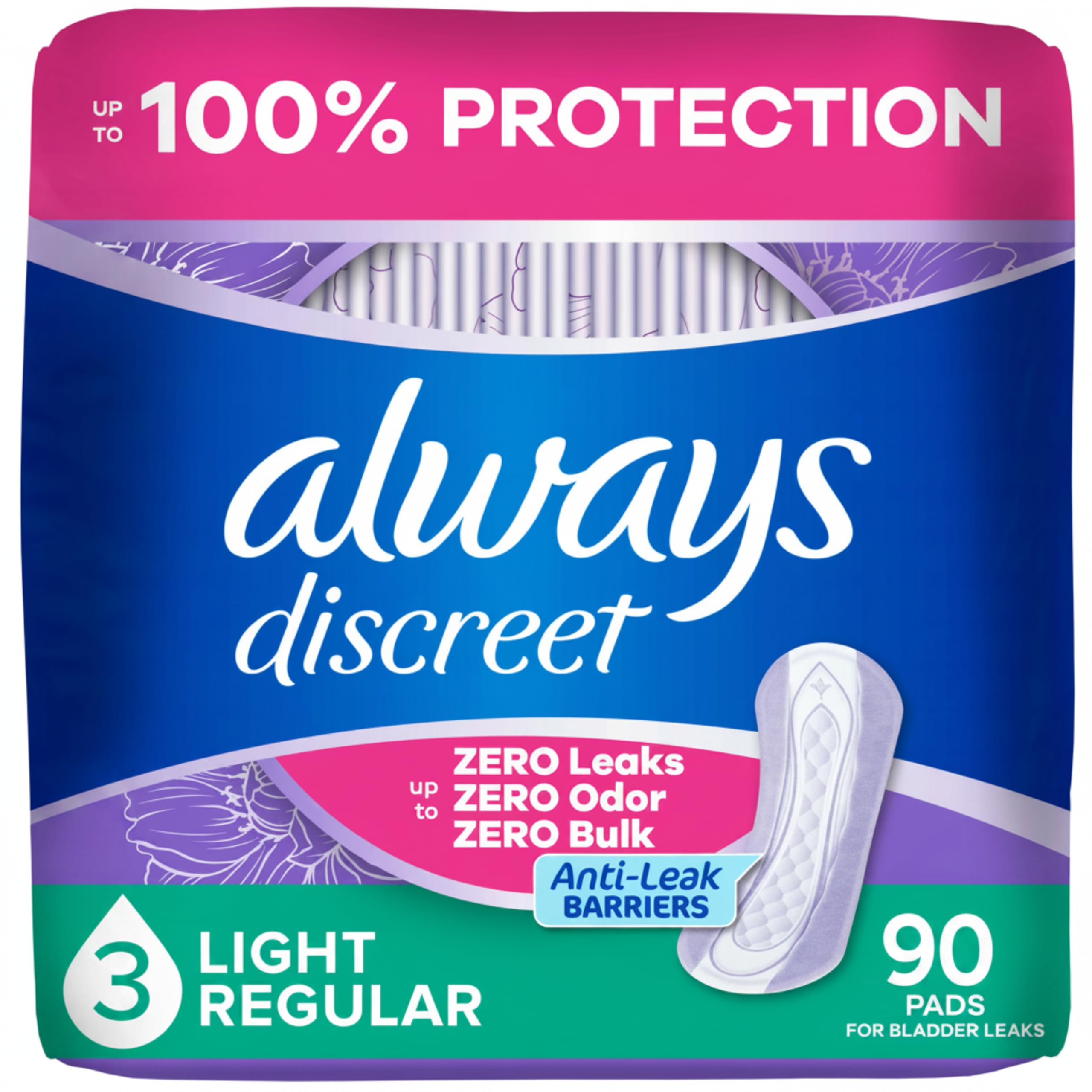 Always Discreet empaque frontal mostrando caja compacta y ahorro