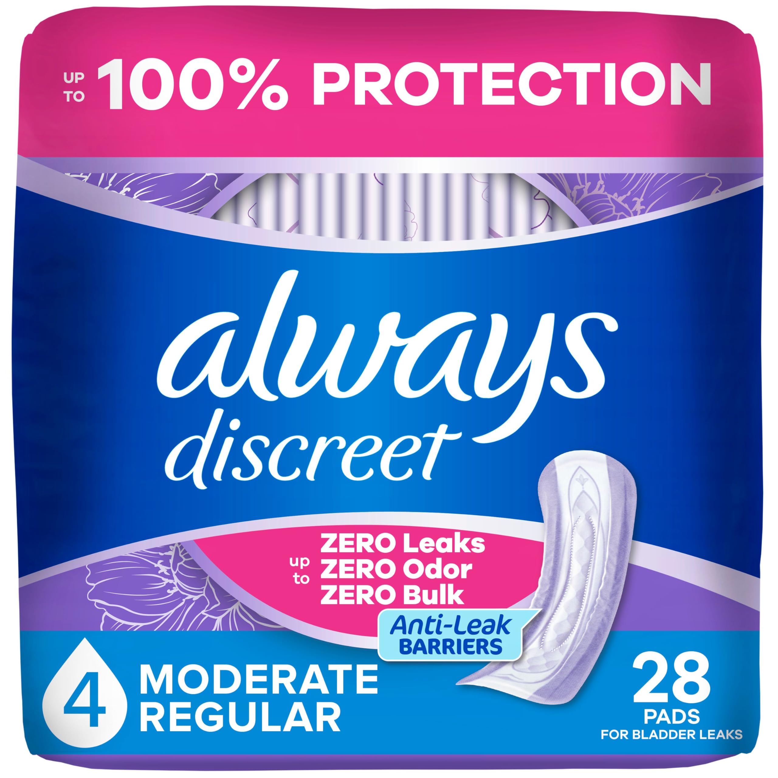 Always Discreet empaque frontal mostrando 28 unidades y beneficio discreción