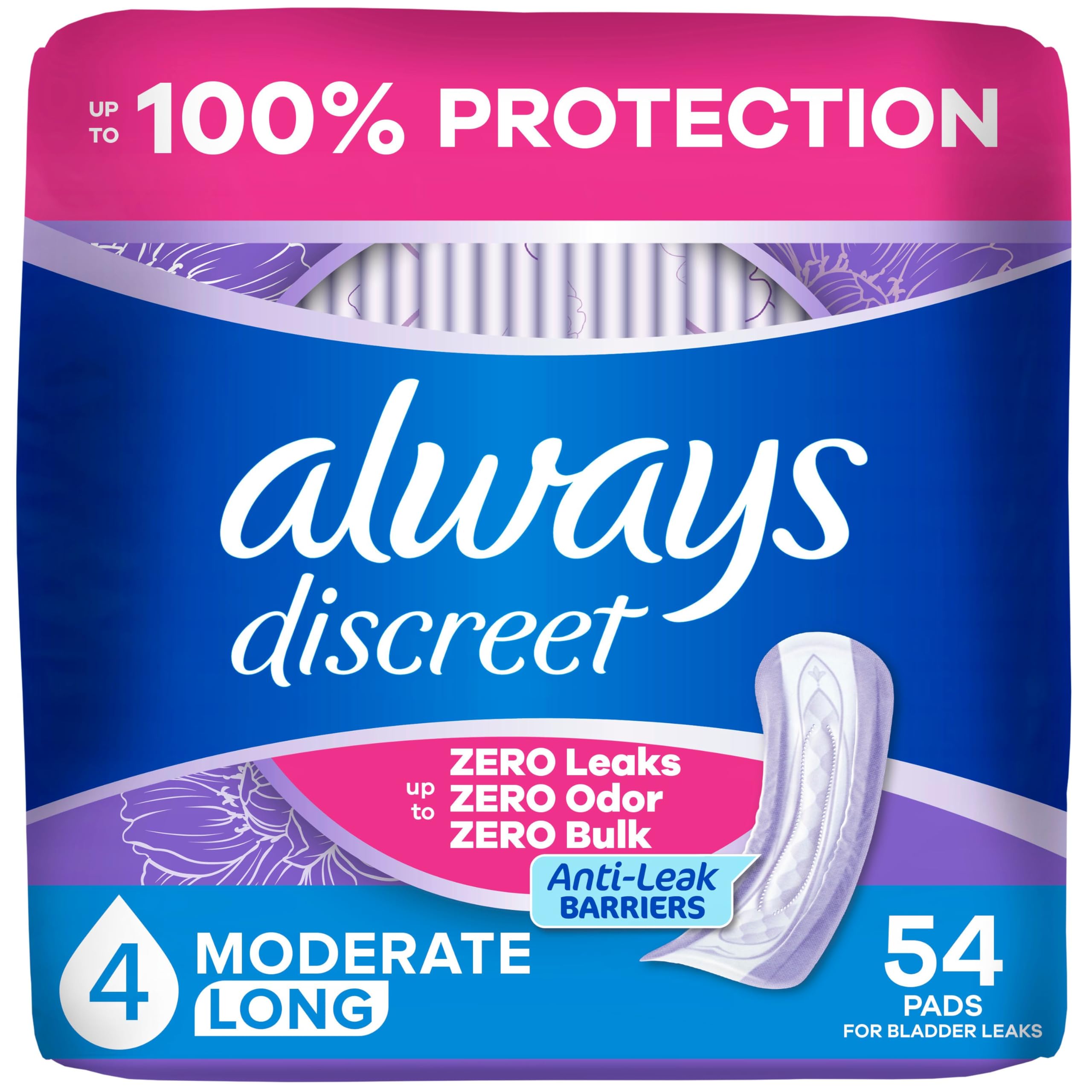 Always Discreet empaque frontal mostrando 54 unidades y beneficios claros