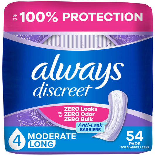 Always Discreet empaque frontal mostrando 54 unidades y beneficios claros