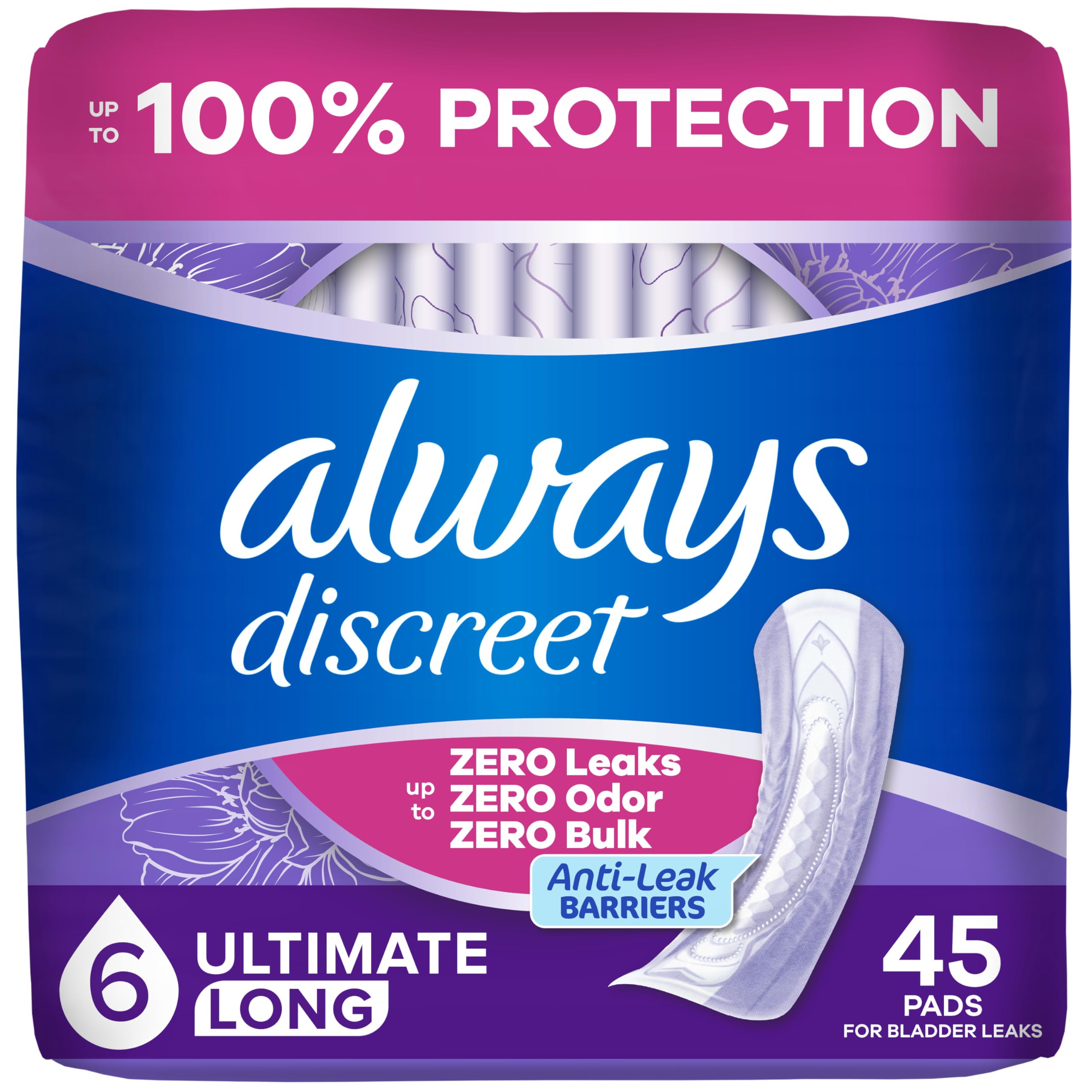 Always Discreet empaque frontal mostrando producto y cantidad para confianza
