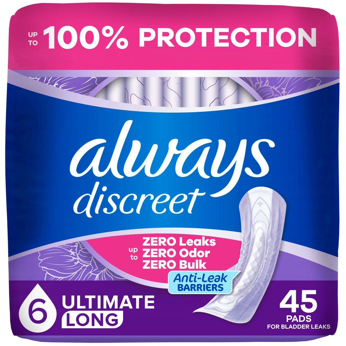 Always Discreet empaque frontal mostrando producto y cantidad para confianza