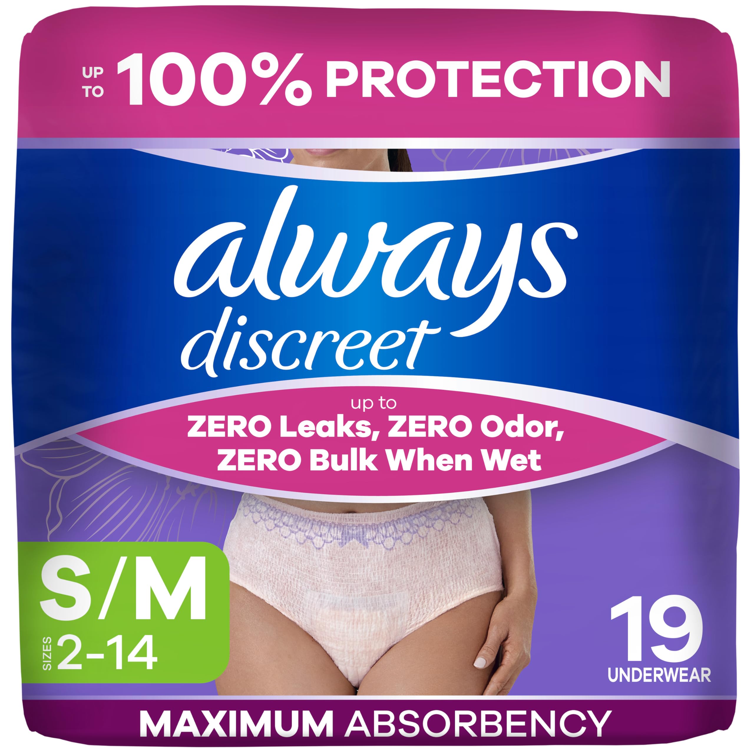 Always Discreet frontal del empaque mostrando cantidad y talla, protección visible
