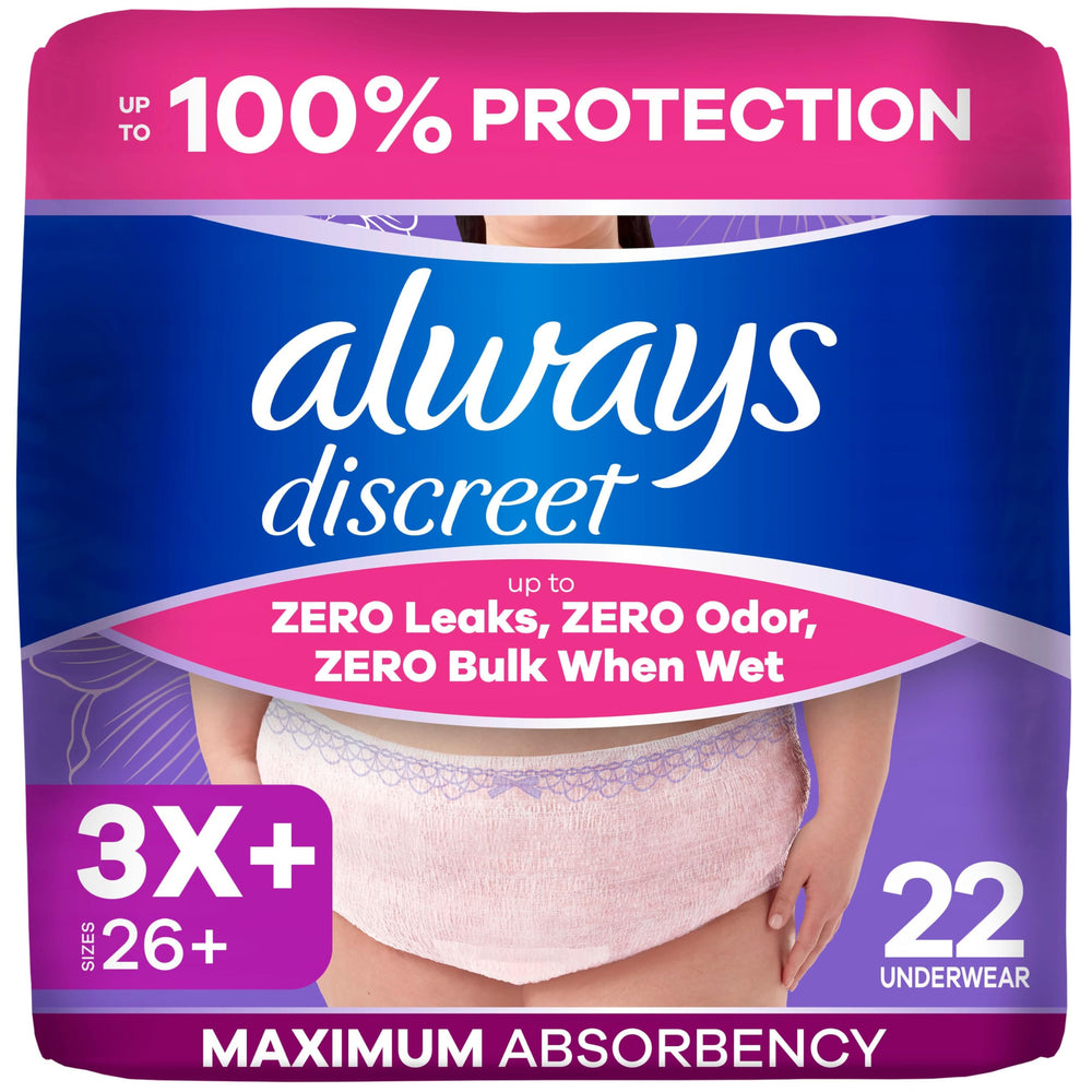 Always Discreet empaque frontal mostrando diseño y cantidad 22 cuentas con confianza