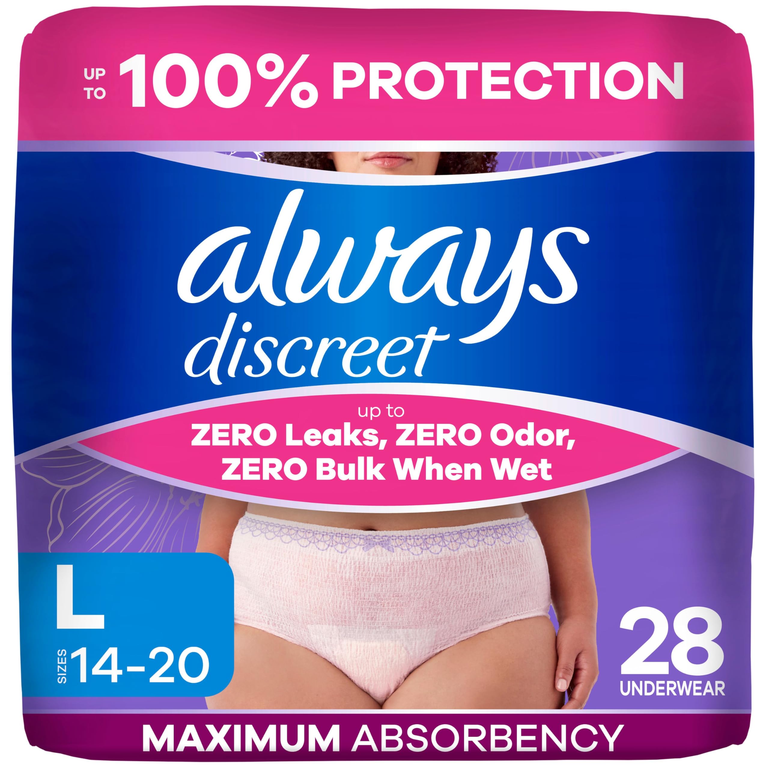 Always Discreet paquete frontal mostrando protección y discreción