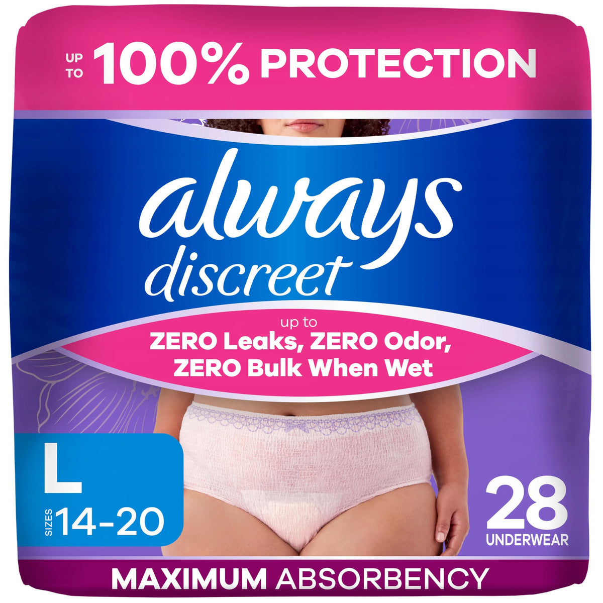 Always Discreet paquete frontal mostrando protección y discreción
