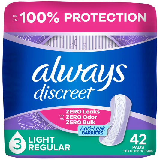 Always Discreet empaque frontal que muestra protección y conveniencia