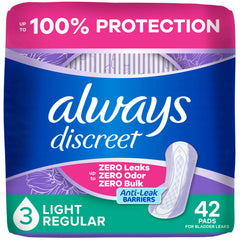 Always Discreet empaque frontal que muestra protección y conveniencia
