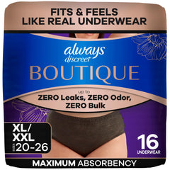Always Discreet empaque frontal mostrando paquete negro y beneficio discreción