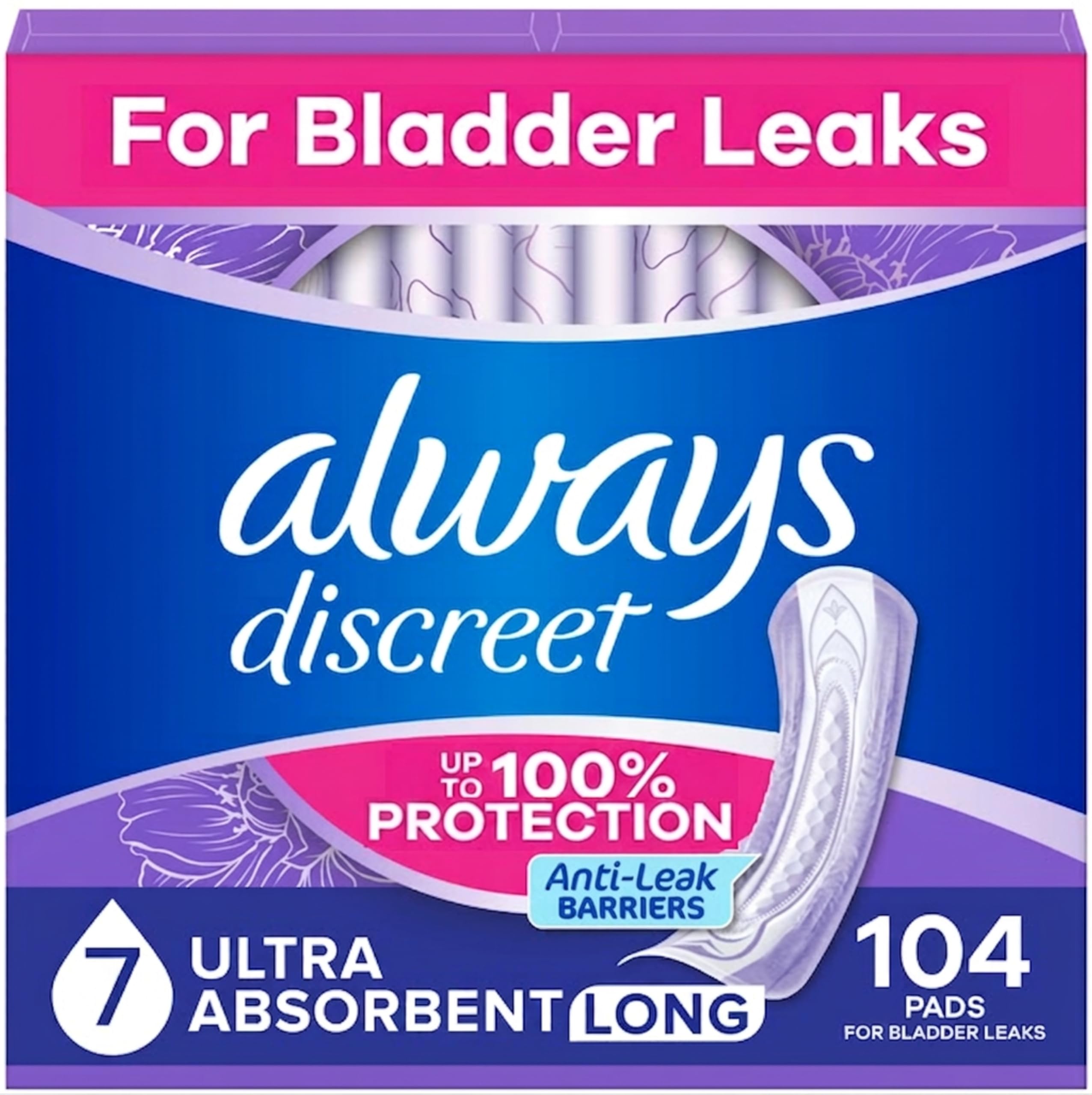 Always Discreet paquete frontal 104 unidades que muestra ahorro y disponibilidad continua