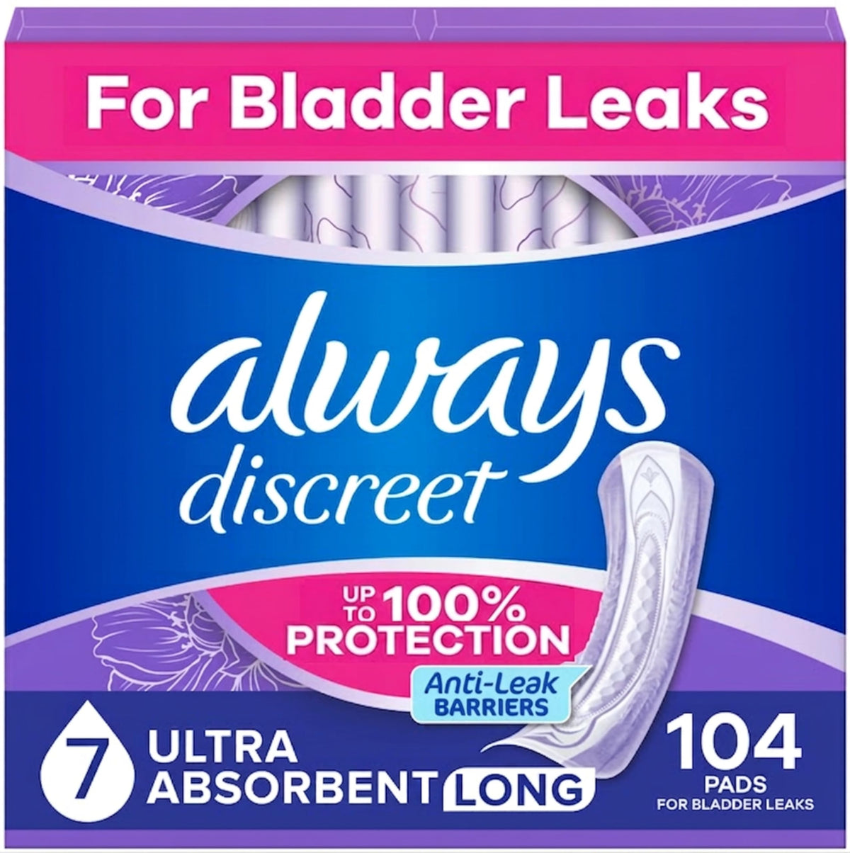Always Discreet paquete frontal 104 unidades que muestra ahorro y disponibilidad continua