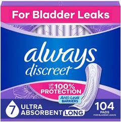 Always Discreet paquete frontal 104 unidades que muestra ahorro y disponibilidad continua
