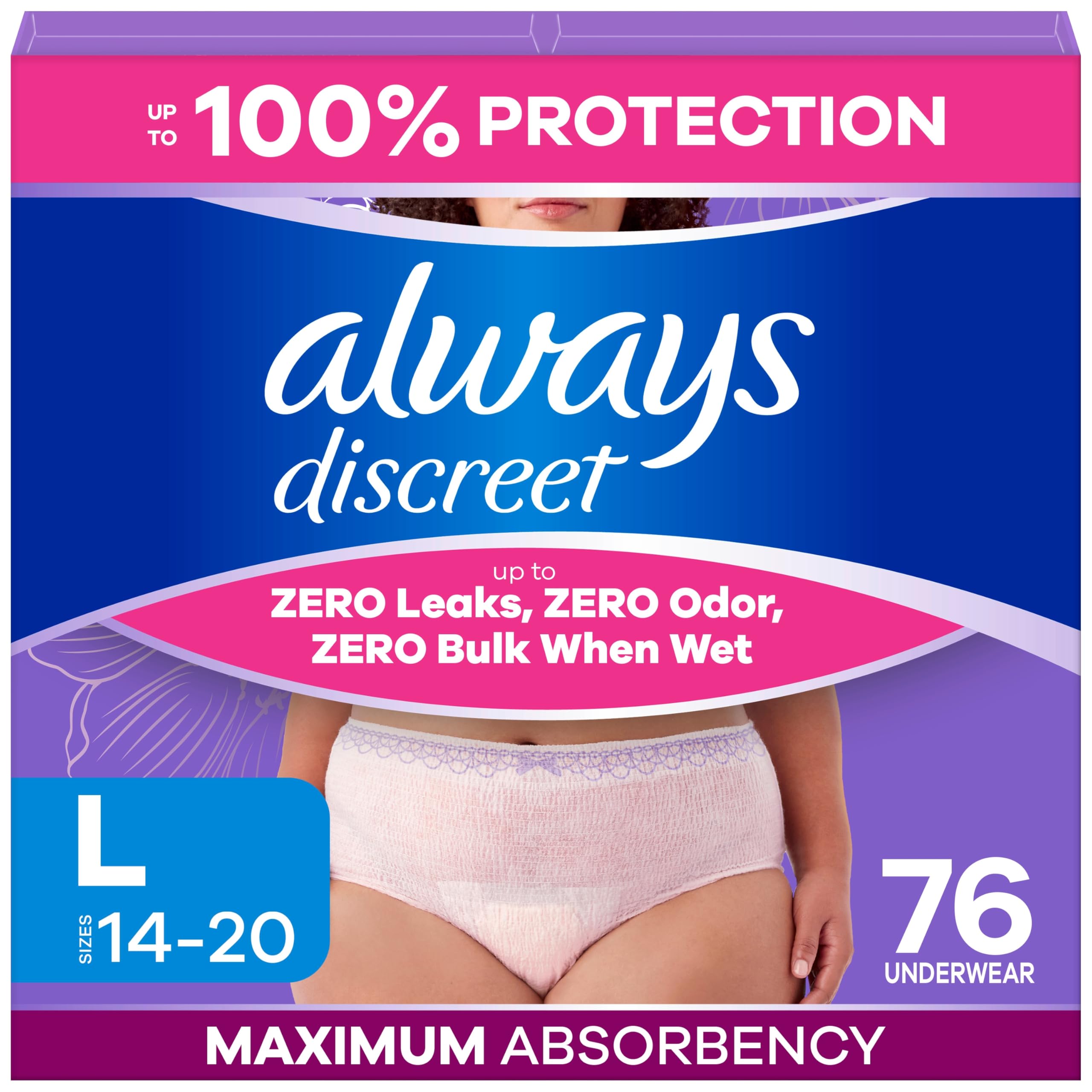 Always Discreet paquete frontal que muestra 76 unidades y discreción