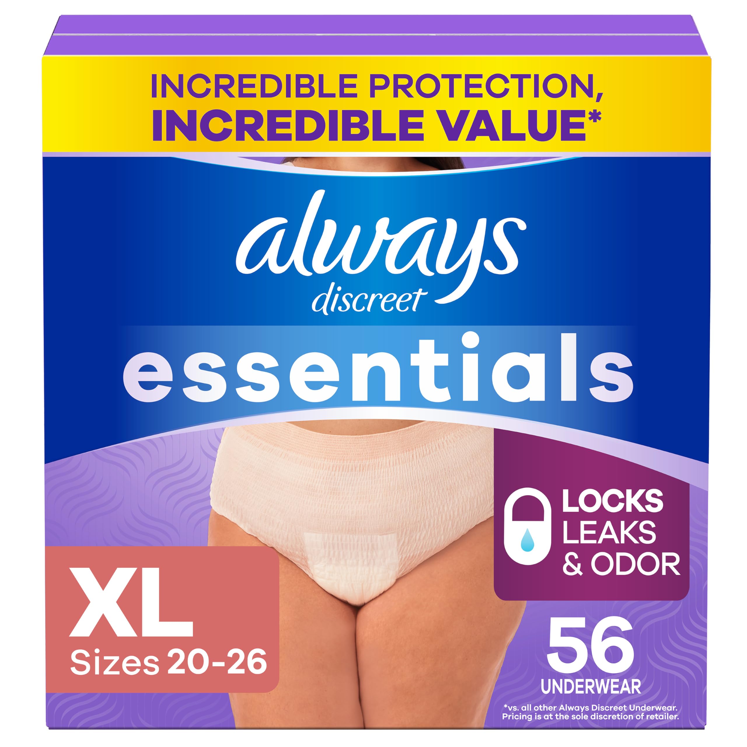 Always Discreet paquete frontal mostrando 56 bragas absorbentes, comodidad instantánea