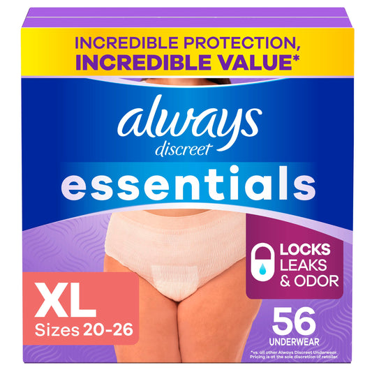 Always Discreet paquete frontal mostrando 56 bragas absorbentes, comodidad instantánea