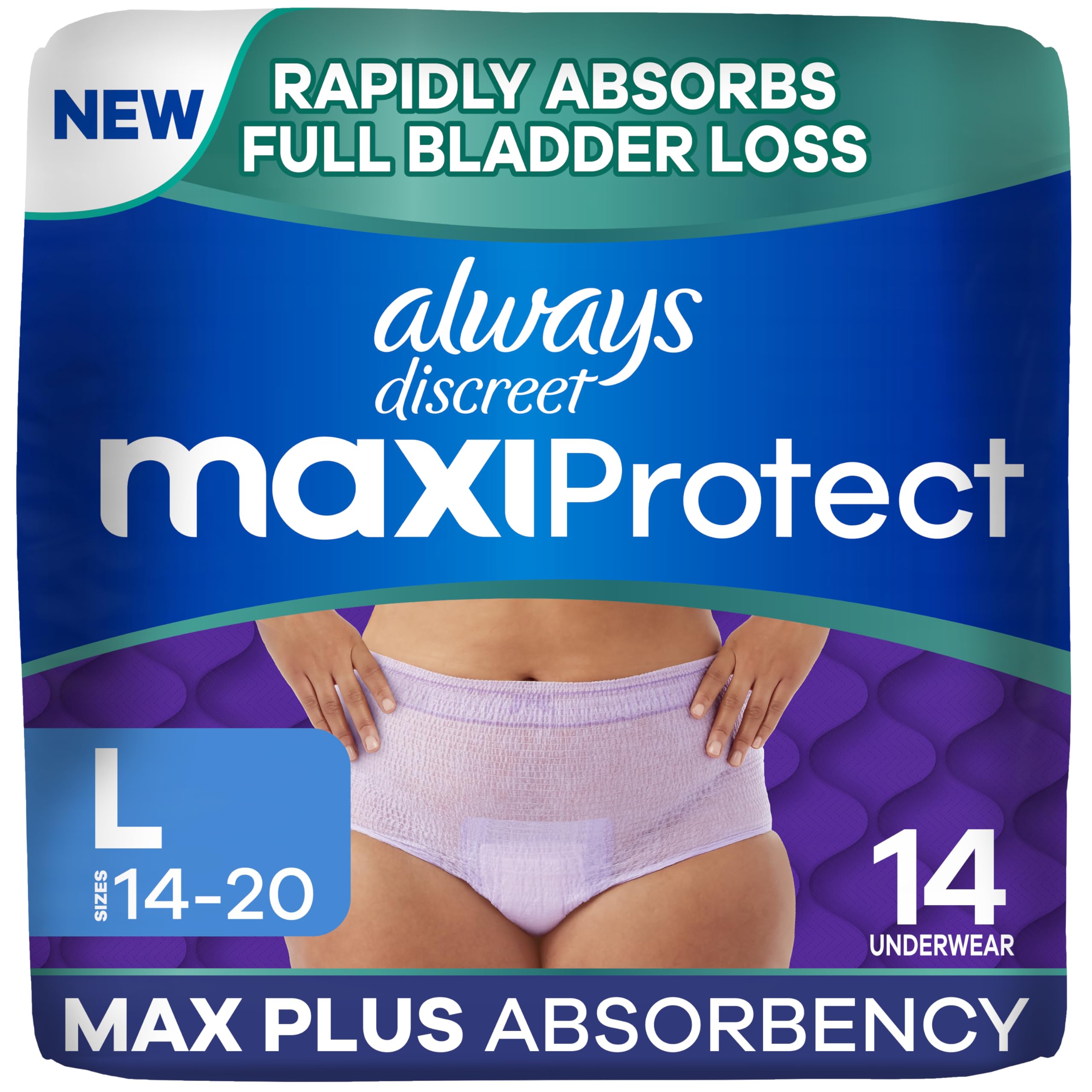 Always Discreet vista frontal del paquete mostrando 14 unidades y confianza