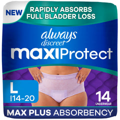 Always Discreet vista frontal del paquete mostrando 14 unidades y confianza