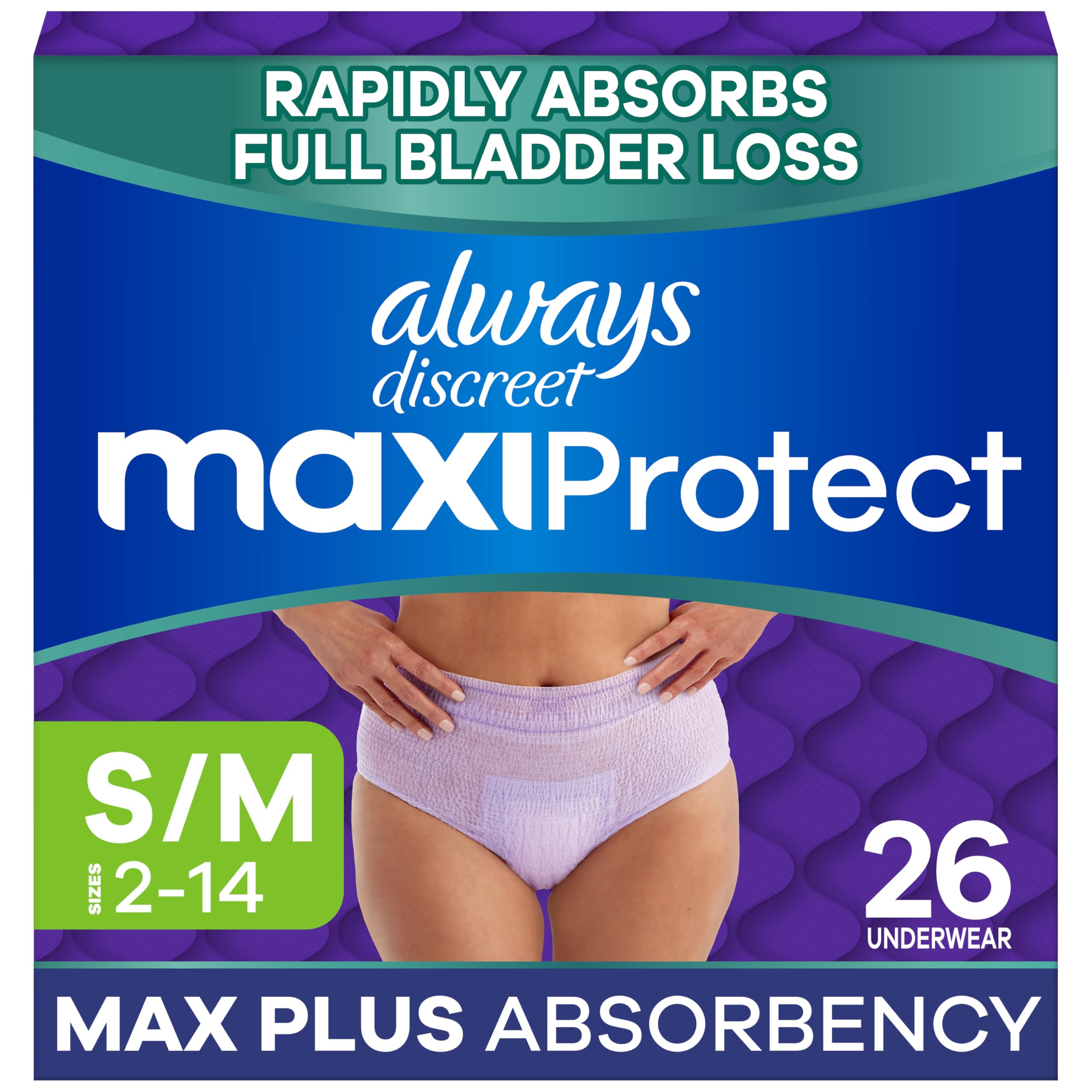 Always Discreet paquete frontal mostrando talla y cantidad, ofrece confianza inmediata