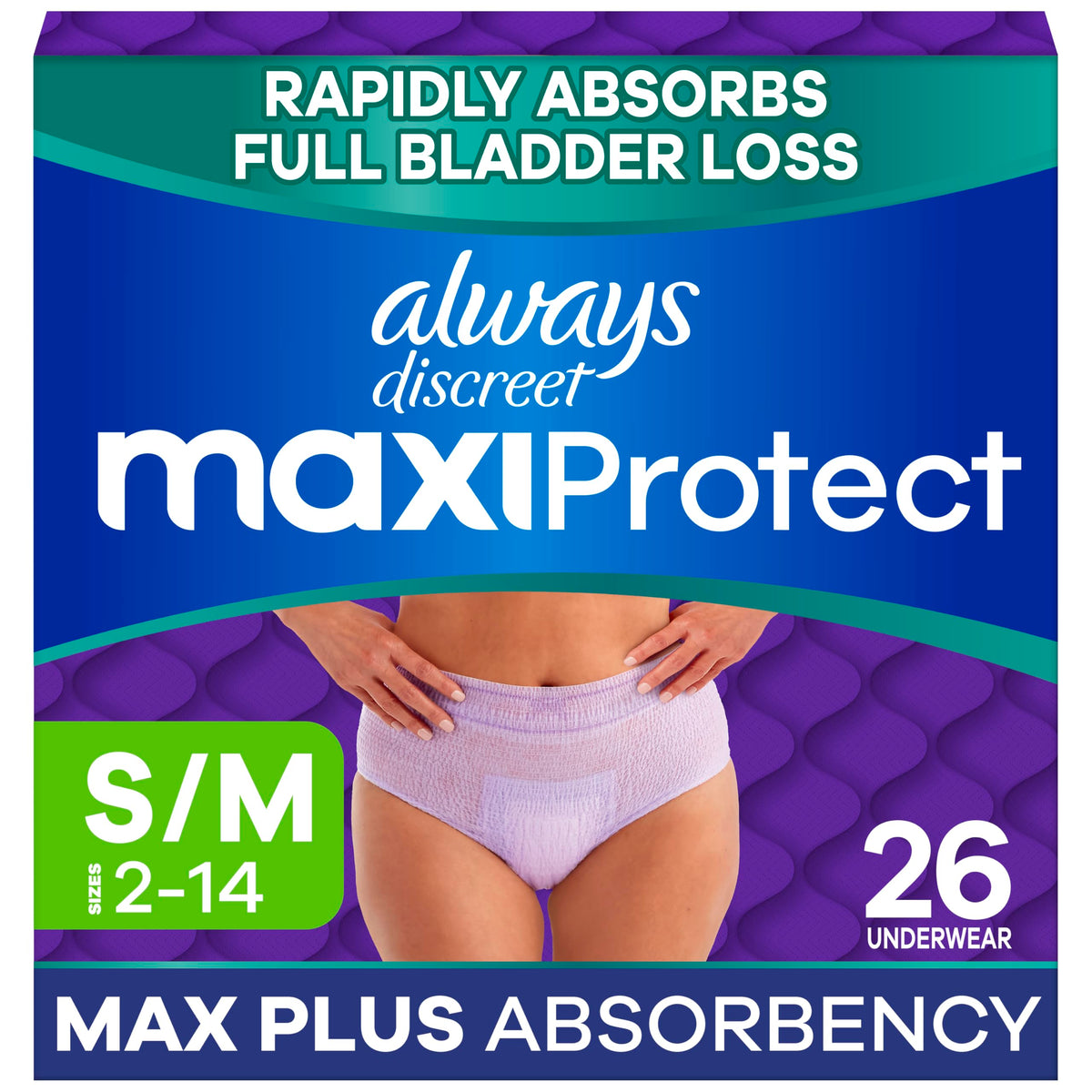 Always Discreet paquete frontal mostrando talla y cantidad, ofrece confianza inmediata