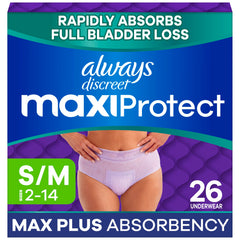 Always Discreet paquete frontal mostrando talla y cantidad, ofrece confianza inmediata