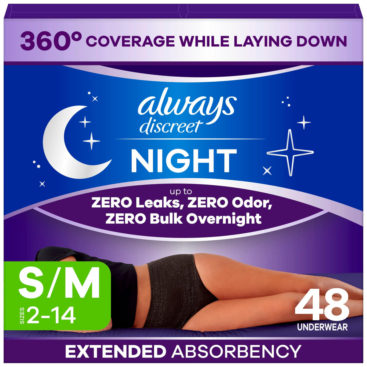 Always Discreet empaque frontal mostrando 48 unidades y confianza nocturna