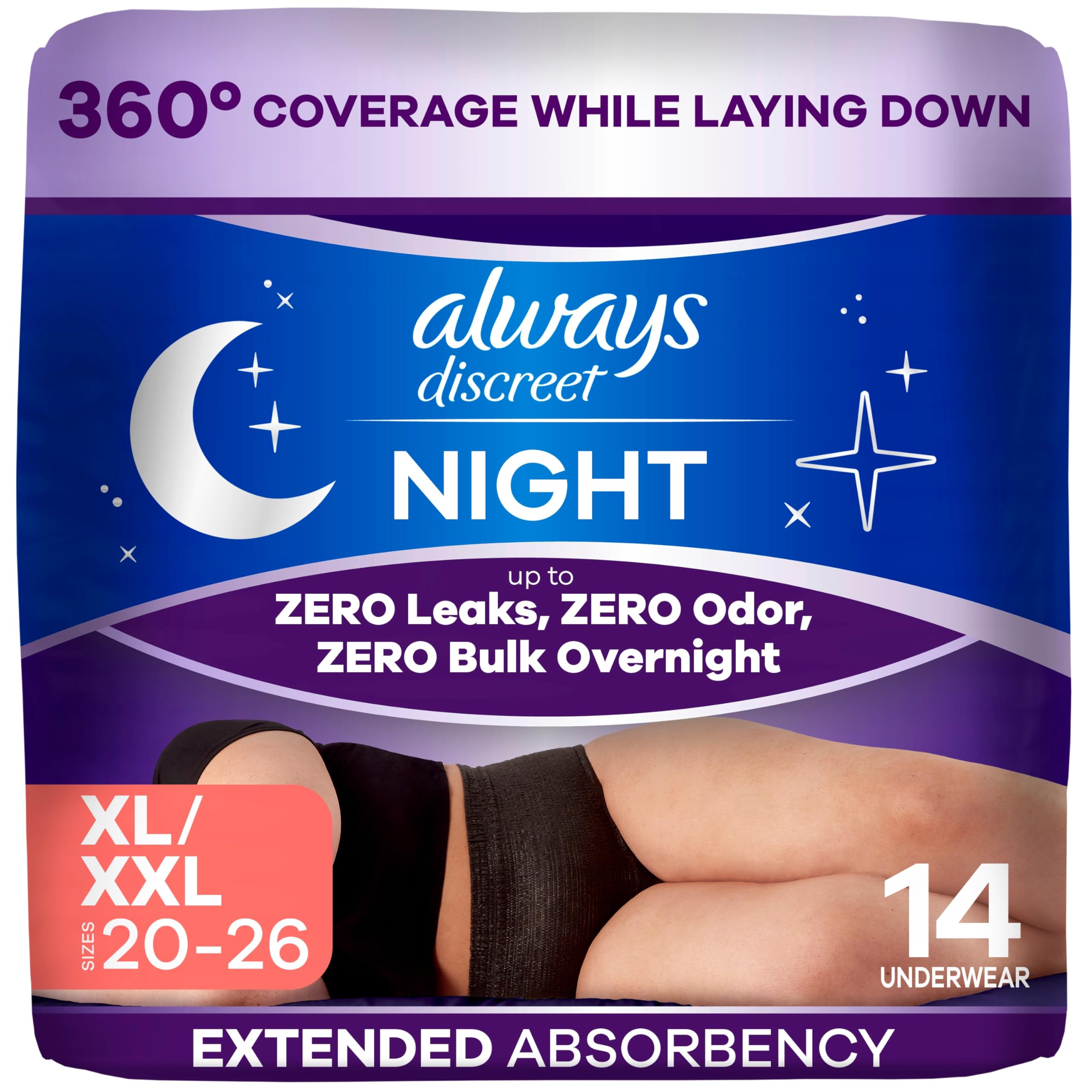 Always Discreet Night empaque frontal que muestra protección nocturna y discreción