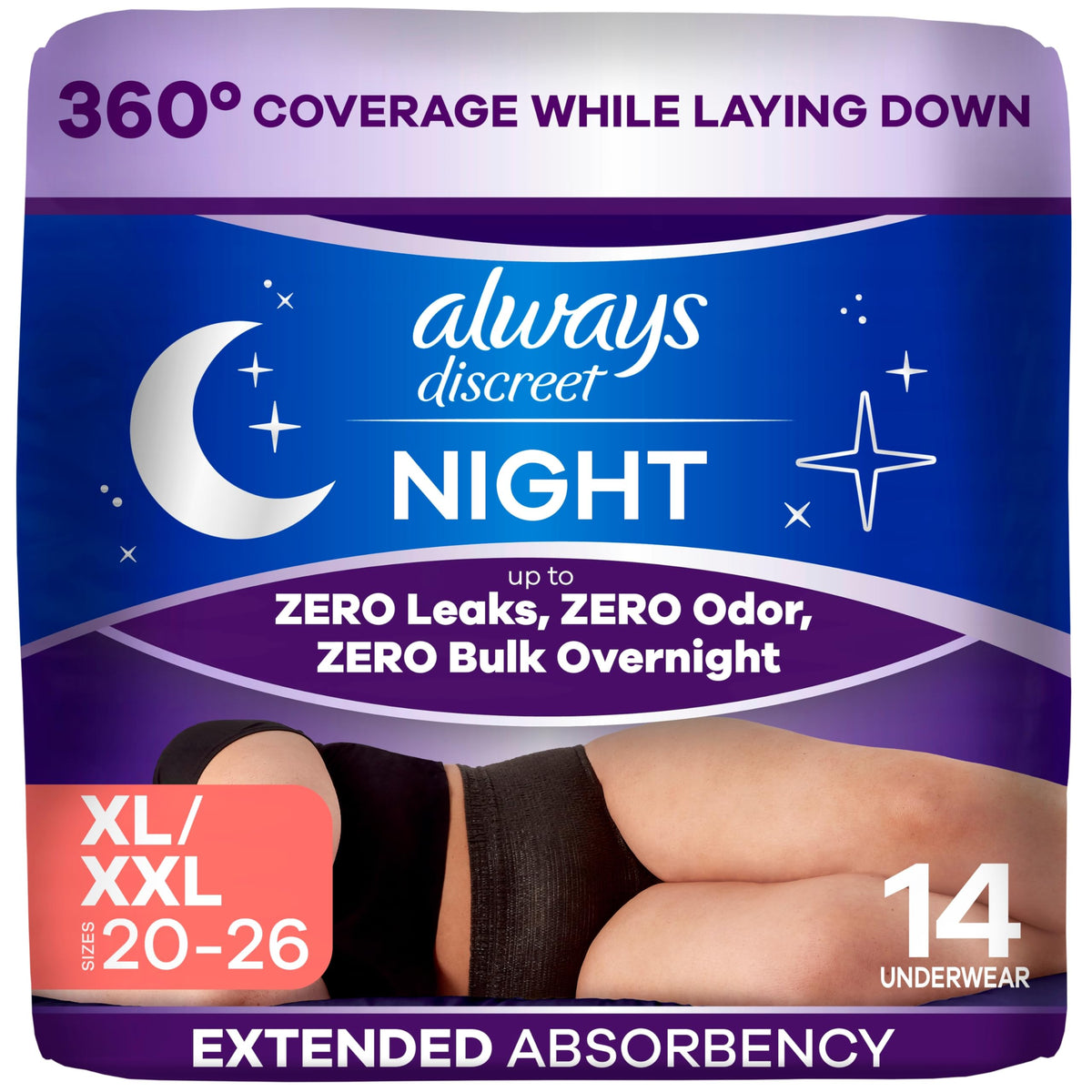 Always Discreet Night empaque frontal que muestra protección nocturna y discreción
