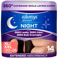 Always Discreet Night empaque frontal que muestra protección nocturna y discreción