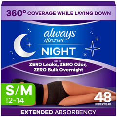 Always Discreet empaque frontal mostrando 48 unidades y confianza nocturna