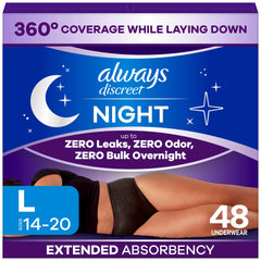 Always Discreet empaque frontal mostrando 48 unidades y protección nocturna