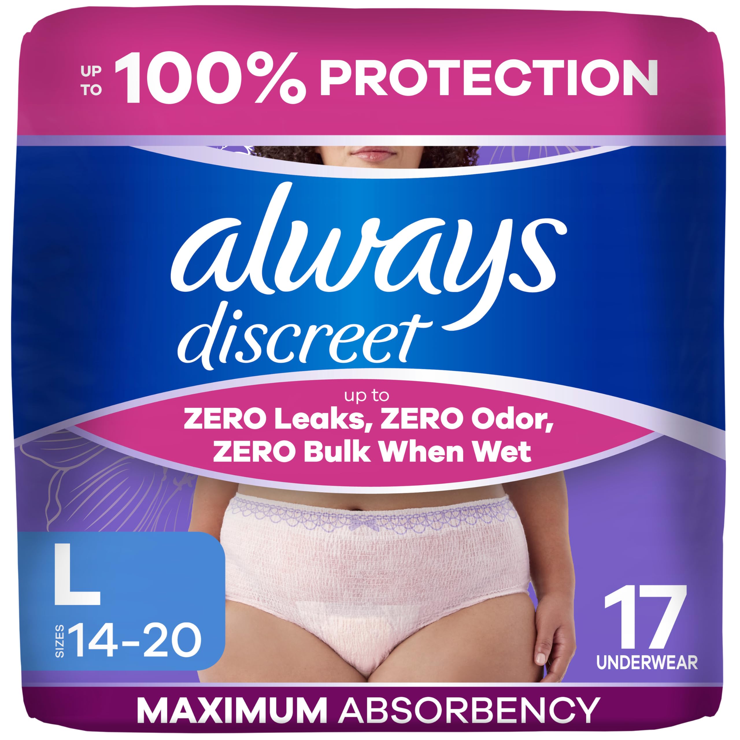 Always Discreet empaque frontal mostrando 17 unidades y protección de máxima absorción