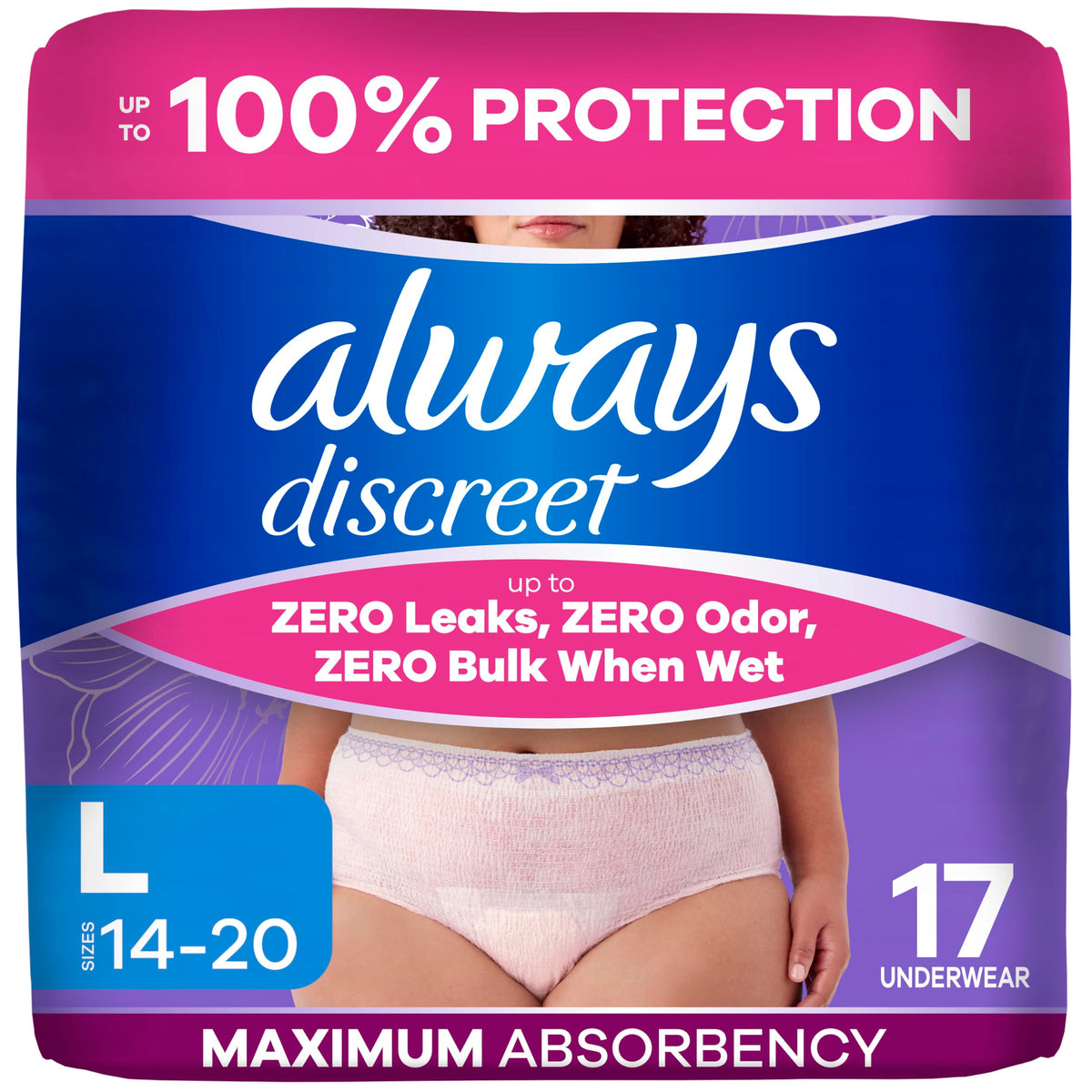 Always Discreet empaque frontal mostrando 17 unidades y protección de máxima absorción