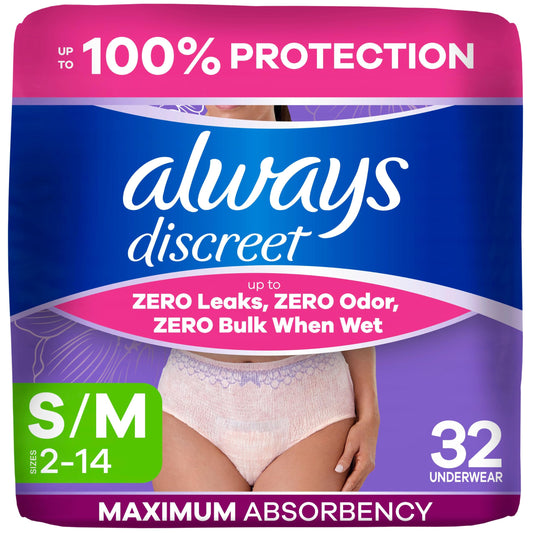 Always Discreet paquete frontal mostrando diseño y conteo, protección discreta