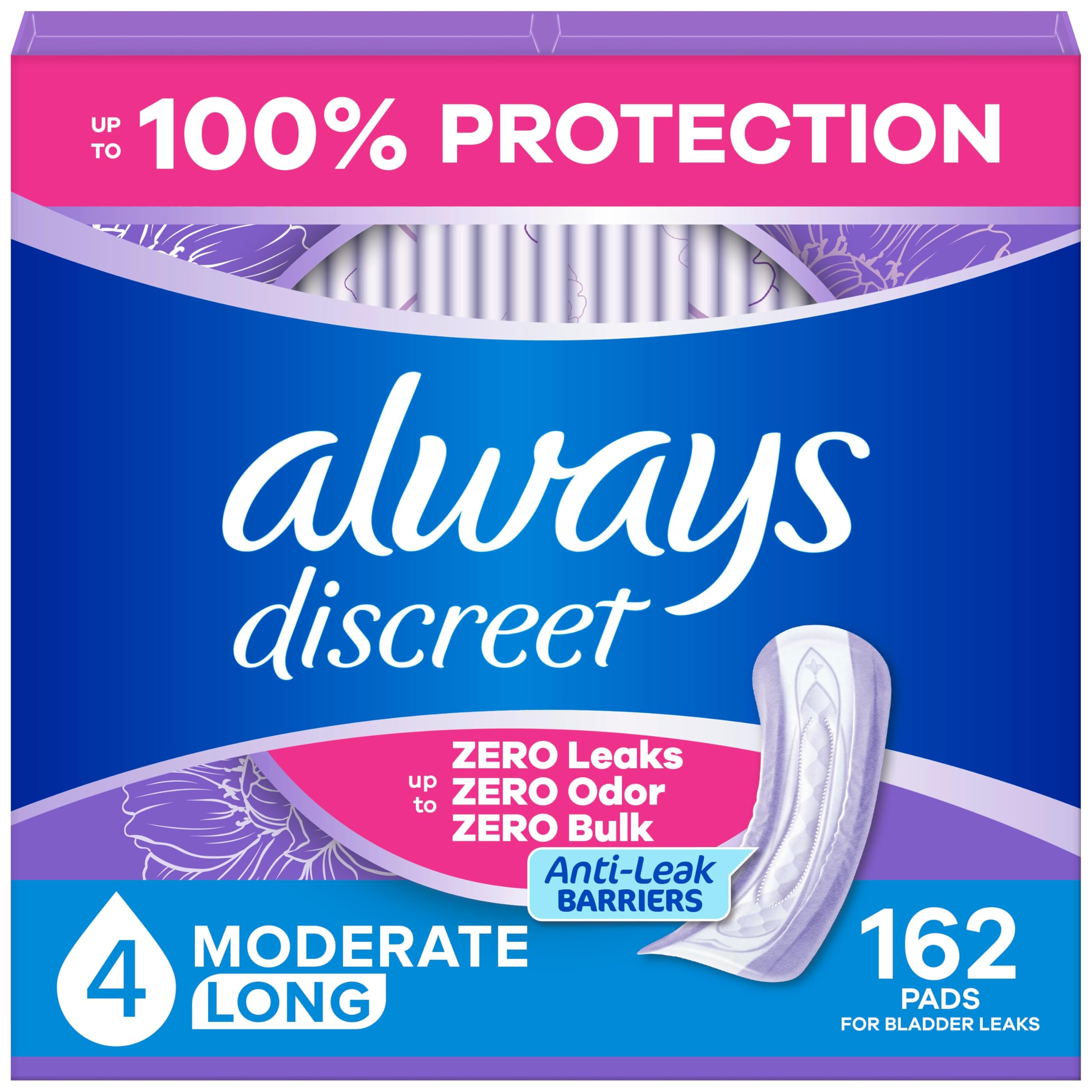 Always Discreet presentación frontal mostrando paquete y cantidad para mayor conveniencia