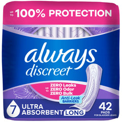 Always Discreet presentación frontal mostrando paquete y conveniencia