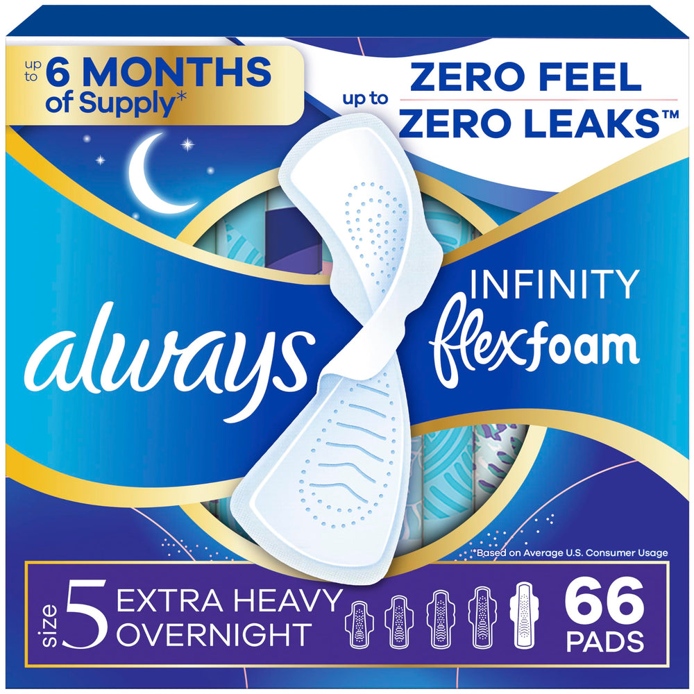 Always Infinity empaque frontal mostrando 66 toallas y beneficios visibles