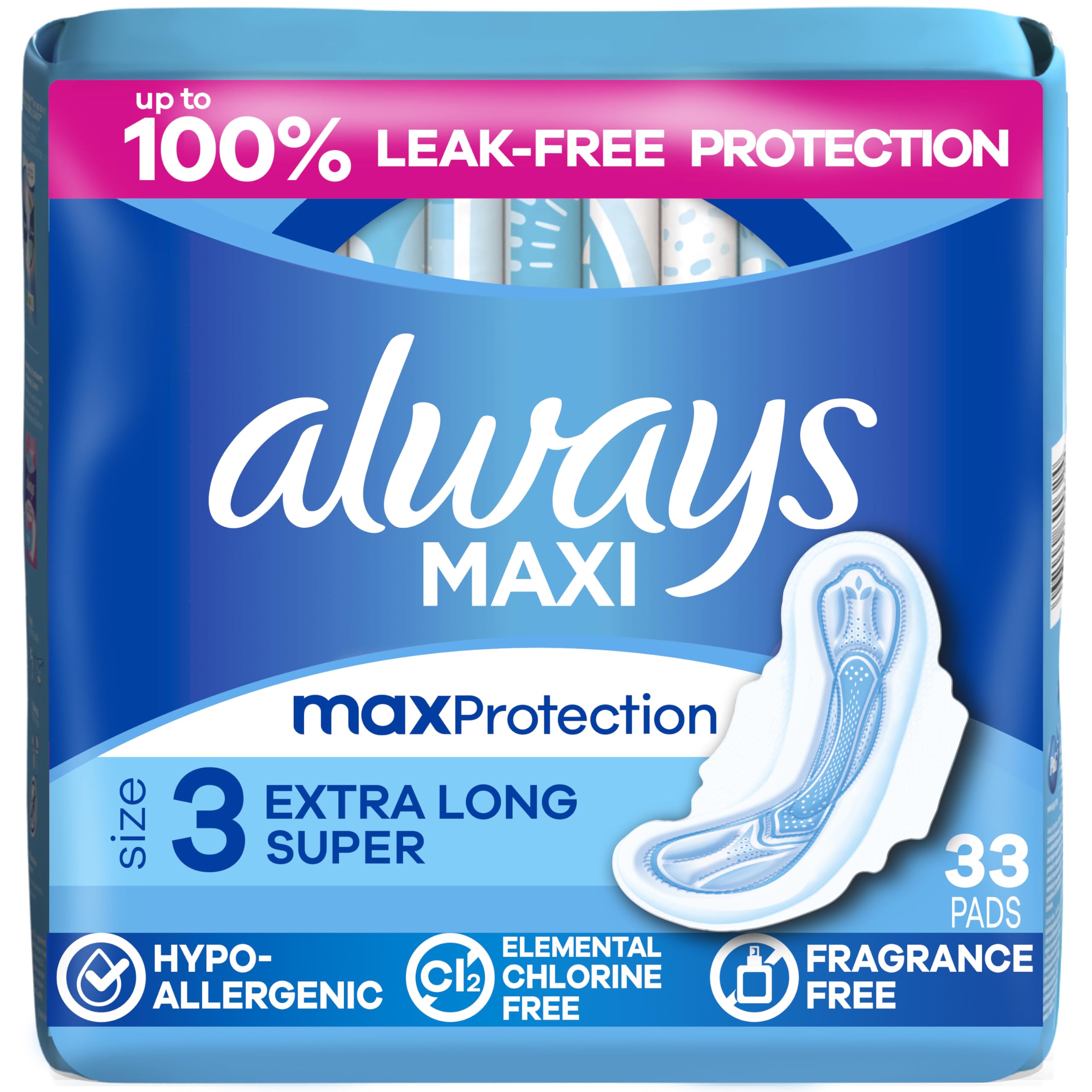Always maxi vista frontal del envase mostrando 33 unidades y beneficio de cobertura