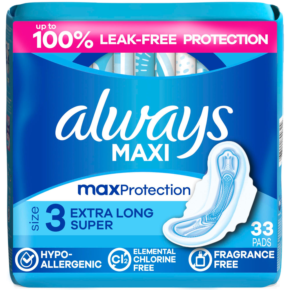 Always maxi vista frontal del envase mostrando 33 unidades y beneficio de cobertura