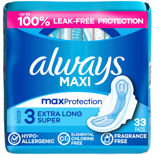 Always maxi vista frontal del envase mostrando 33 unidades y beneficio de cobertura