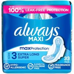 Always maxi vista frontal del envase mostrando 33 unidades y beneficio de cobertura