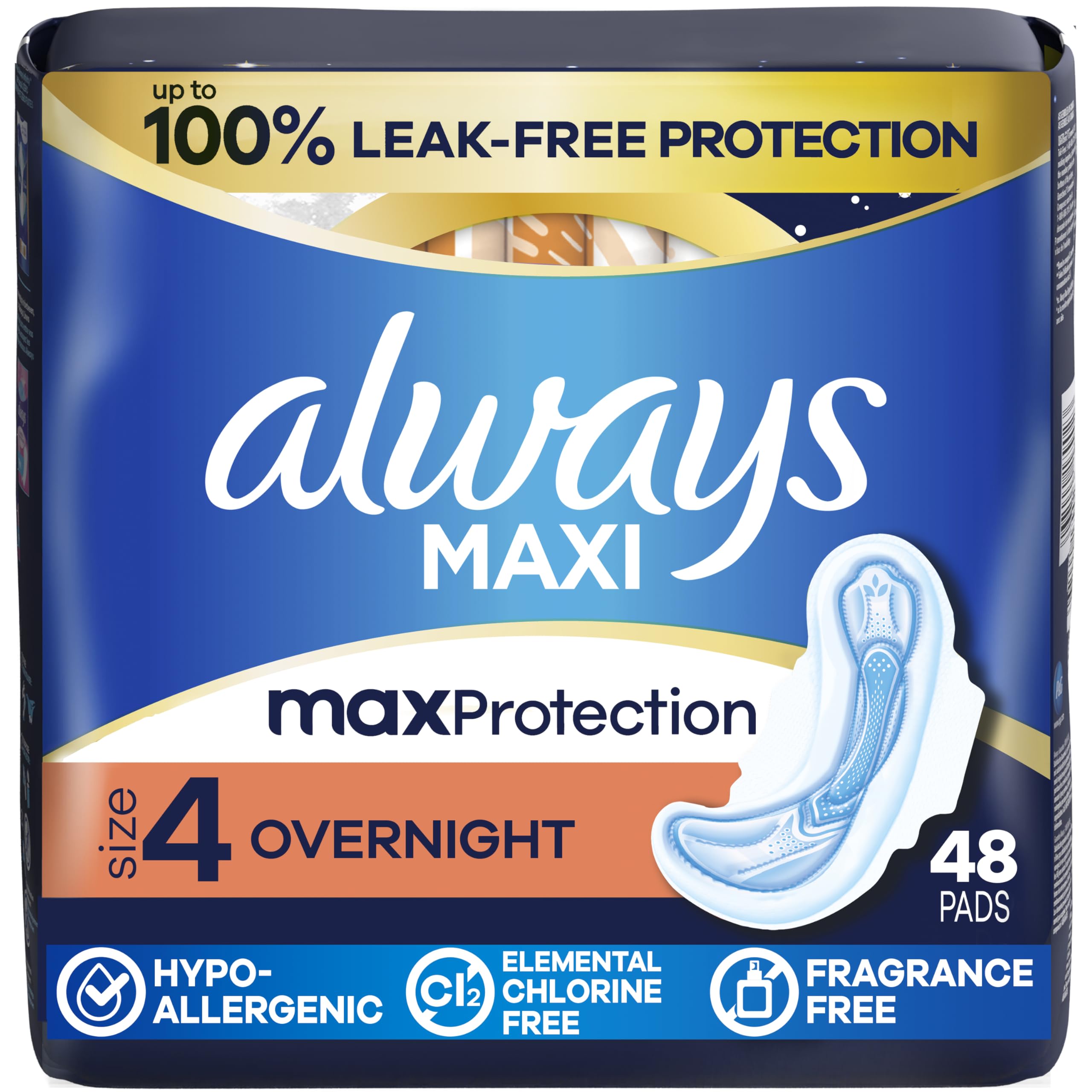 Always Maxi empacado delantero mostrando diseño y cantidad, protección segura