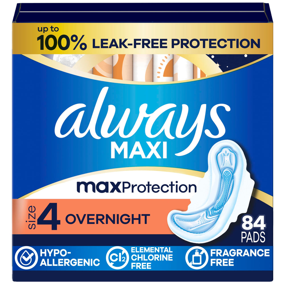 Always empaque frontal mostrando 84 toallas para reposición nocturna segura
